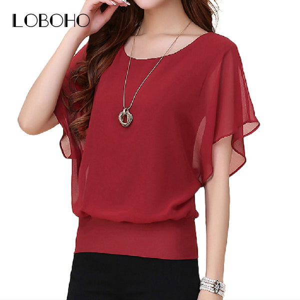 New Womens Tops Fashion 2018 Women Summer Chiffon Blouse Plus Size Ruffle Batwing Short Sleeve Casual Shirt Black White Red Blue