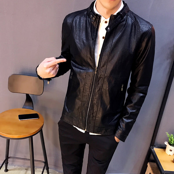 Youth Collar Slim Leather Men's Jacket